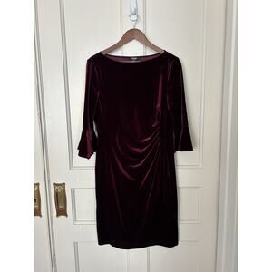 Chaps Ruched Velvet Sheath Dress Womens Size Large Burgundy Classic Elegant
